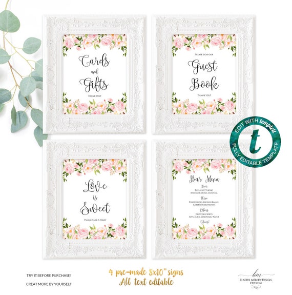 Printable 8x10 Blush Pink Floral Wedding Sign Template, 4 Premade Sign, All Text Editable Guest Book Cards Gifts Bar Menu, Templett, #05#15 Il_570xn