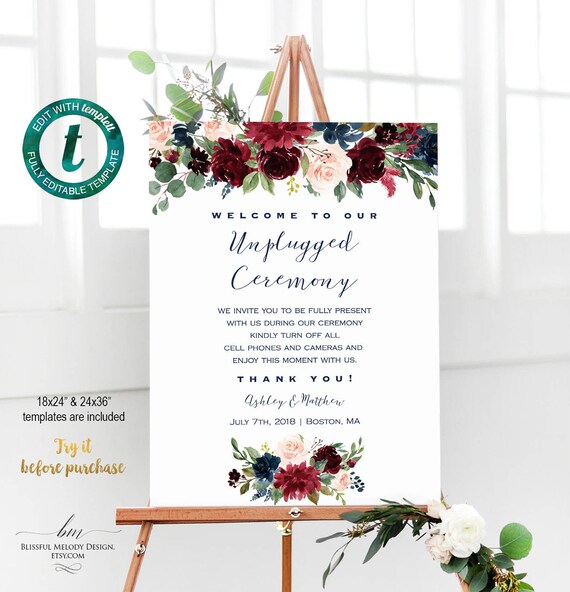 All Editable Navy Burgundy Floral Large Sign Template Printable