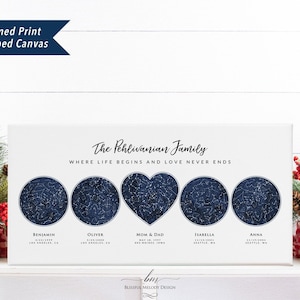 May include: A white canvas print with a navy blue star constellation design. The print features the text "The Pehlivanian Family" and "Where life begins and love never ends". There are five constellations, each labeled with a name and location. The constellations are arranged in a horizontal row.