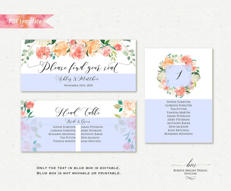 Rustic Seating Card Table Cards Editable PDF Seating Chart Template DIY Instant Download #02 Printable Peach Cream Floral Seating Plan
