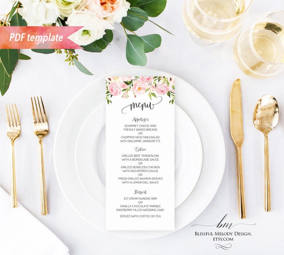 Printable Blush Pink Floral Wedding Menu, Editable PDF Template, 4x9 Boho Menu Fall Winder Wedding, vistaprint DIY Instant Download #05 Il_570xn