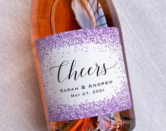 6 Printed Custom Waterproof 750ml Regular Champagne Bottle Labels, Personalized Purple Lavender Glitter (not real glitter) Label Sticker