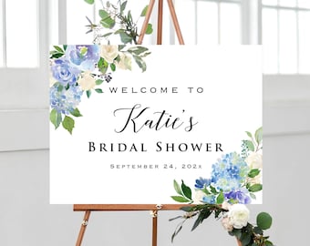 Printed Light Blue Cream Floral Bridal Shower Welcome Sign, Personalized Horizontal All Events Welcome Board, Wedding Rehearsal Dinner #54