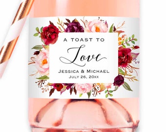 8 Printed Custom Burgundy Pink Floral Mini Champagne Wine Bottle Labels Waterproof Sticker, Wedding Bridal Baby Shower Birthday Anniversary