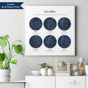 Custom 6 Sky Maps Print, Personalized Star Map, Zodiac Constellation Poster, Gift for Mom Dad Grandparent, 6 Children Family, Wrapped Canvas image 2