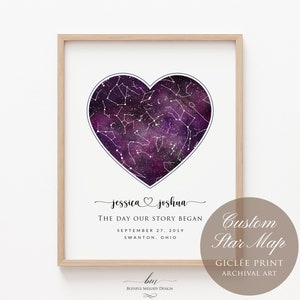 Custom Pink/Blue/Purple Watercolor Heart Star Map Print, Personalized Night Sky Constellation, Wedding Anniversary Valentine's day Gift Purple