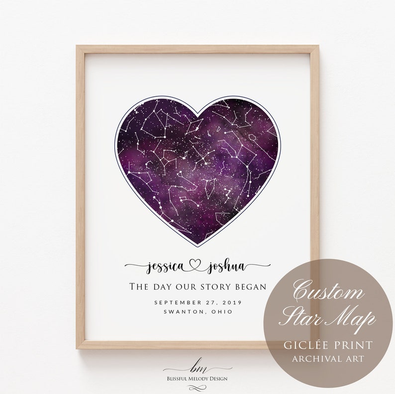 Custom Pink/Blue/Purple Watercolor Heart Star Map Print, Personalized Night Sky Constellation, Wedding Anniversary Valentine's day Gift Purple