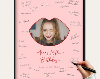 Custom Pink Birthday Signing Poster Board, Personalized Birthday Party Decoration Guest Book Alternative, Art Print Wrapped Canvas