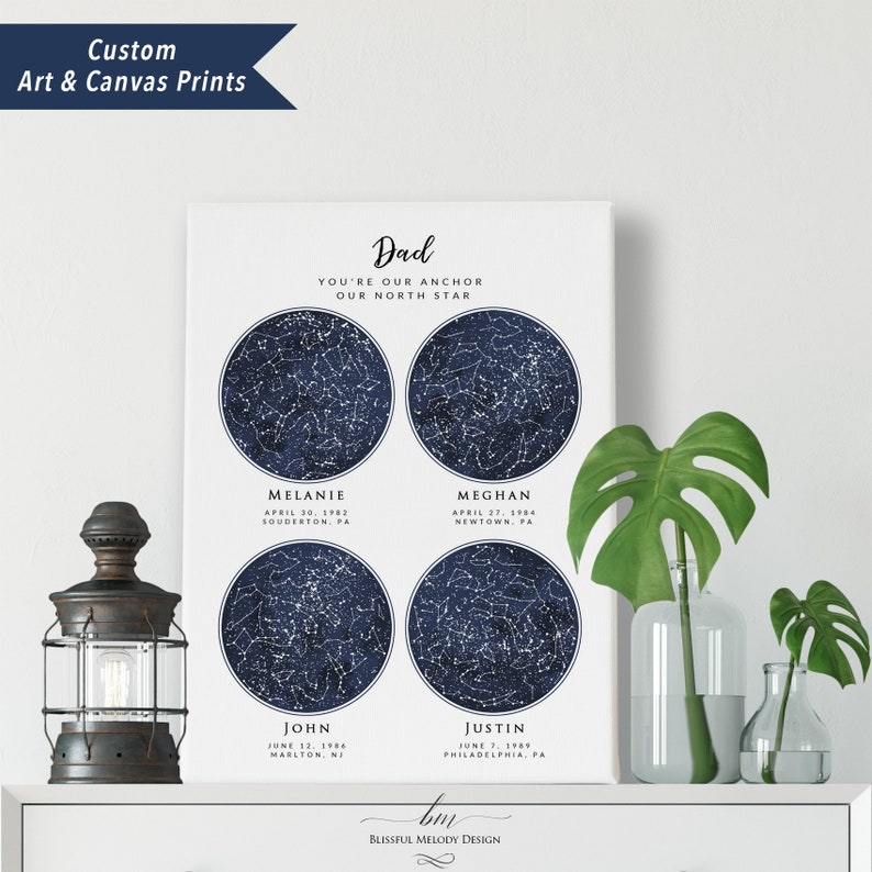 May include: A white canvas print with a navy blue background featuring four star constellations. The constellations are labeled with names and dates. The text "Dad You're our anchor our north star" is at the top of the print. The text "Blissful Melody Design" is at the bottom of the print.