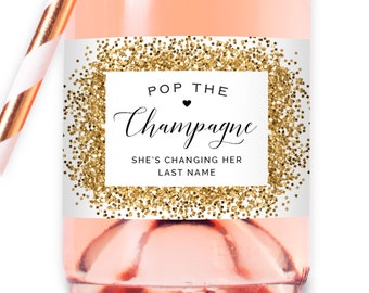 Pop the Champagne - 12 Printed Waterproof Mini Champagne Bottle Labels, Gold (not real foil)Sticker for Bridal Shower Bachelorette Party