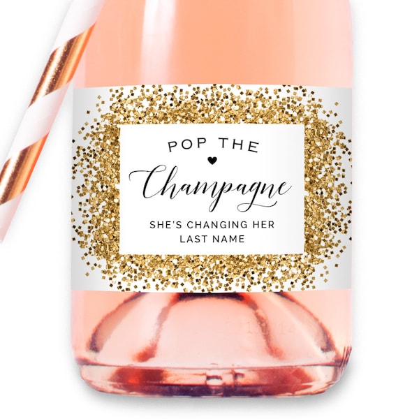 Pop the Champagne - 12 Printed Waterproof Mini Champagne Bottle Labels, Gold (not real foil)Sticker for Bridal Shower Bachelorette Party