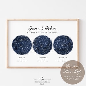 Custom 3 Star Sky Maps Print, Navy Watercolor Zodiac Constellation, Gift for Mom or Dad, 3 Children Family Present, Wall Art Canvas Prints