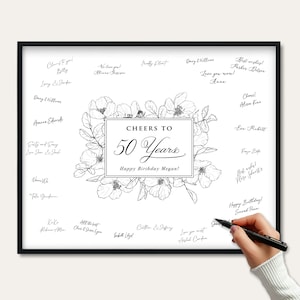 Custom Floral Sketch Birthday Guest Book, Personalized Gift for 80th 70th 60th 50th 40th 30th Any Age Birthday, Signing Poster Decoration