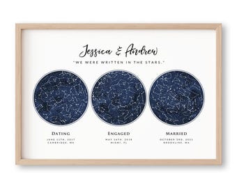 Custom 3 Star Sky Maps Print, Navy Watercolor Zodiac Constellation, Gift for Mom or Dad, 3 Children Family Present, Wall Art Canvas Prints
