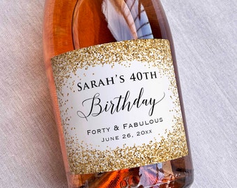 Custom Birthday Wine/Champagne/Mini Champagne Bottle Labels, Printed Waterproof Gold Glitter (not real foil) Stickers for Birthday Party