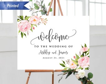 Printed Blush Pink Floral Wedding Welcome Sign, Personalized Horizontal Ceremony Welcome Board, PDF or Printed, Poster or Foam Board #05#15