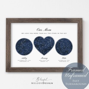 Custom 3 Sky Maps Print, Personalized Family Constellation Star Map, 2 Circle 1 Heart, Mother's Father's Day Gift, Wall Art Prints