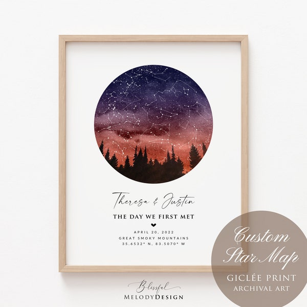 Custom Sunset Sky Map with Pine Trees, Personalized Orange Star Map for Anniversary Birthday Newborn First Met Valentine's Gift