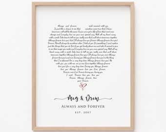 Custom Heart Song Lyrics Wall Art, Personalized Wedding Song First Dance Wedding Vows Print, Anniversary Gift for Husband Wife Him Her