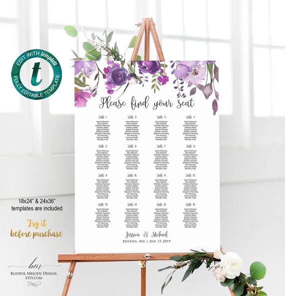 All Editable Purple Lavender Floral Wedding Seating Chart Board