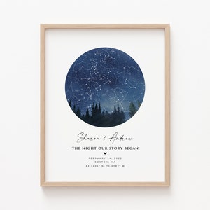 Custom Night Sky Map with Pine Trees, Personalized Star Map for Anniversary Birthday Newborn First Met Valentine's Gift