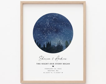 Custom Night Sky Map with Pine Trees, Personalized Star Map for Anniversary Birthday Newborn First Met Valentine's Gift