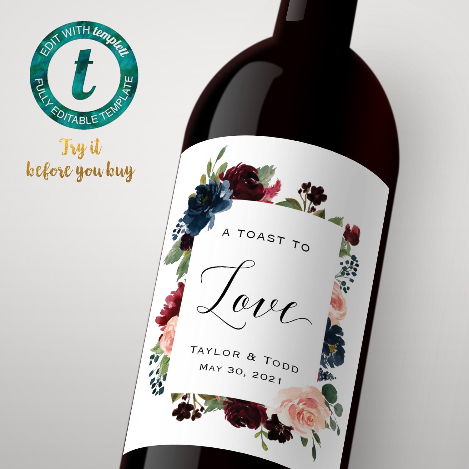 Printable Navy Burgundy Floral Wine Bottle Label, Flower Frame Wine Label Sticker Template, Edit at Templett, Instant Download #22