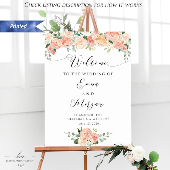 Printed Peach Cream Floral Wedding Welcome Sign, Personalized Vertical Ceremony Welcome Board, PDF or Printed, Poster or Foam Board #02#12 Il_570xn