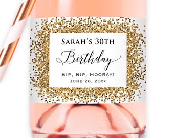 Custom Birthday Mini Champagne Wine Bottle Labels, Waterproof Gold, Pink, Silver, Purple, Glitter (not real foil) Sticker for Birthday Party