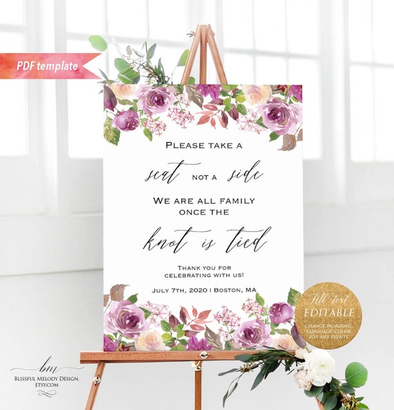 All text editble Lilac Purple Floral Sign, Printable Wedding take a seat not a Large Poster Template, DIY Instant Download #04 by Melody's tissue paper pom shop | Catch