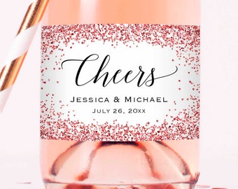 Cheers - Custom Wine/Champagne/Mini Champagne Bottle Labels, Printed Waterproof Pink Rose Gold Glitter(not real foil) Stickers for All Event