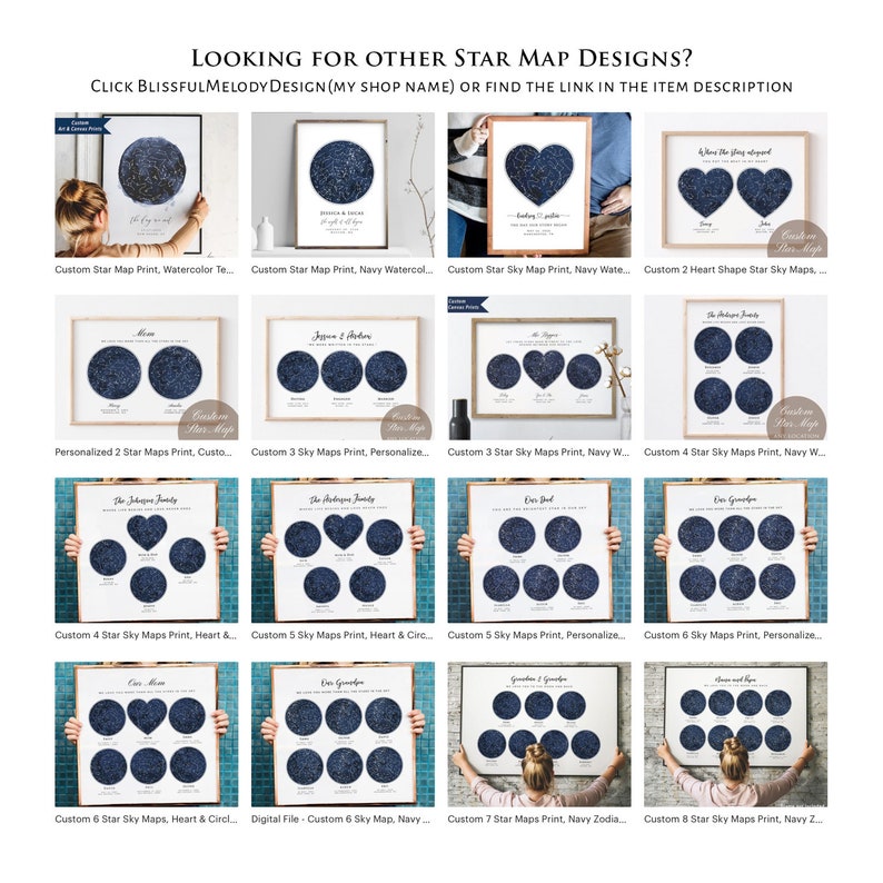 May include: A collage of 12 different star map designs. Each design features a navy blue background with white stars. The designs include a variety of shapes, including circles, hearts, and a watercolor design. The text "Custom Star Maps" appears in the bottom right corner of each design.
