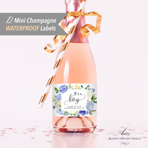 It's a Boy - Set of 12 Printed Waterproof Polyester Mini Champagne Bottle Labels, Blue Cream Floral Label Sticker for Baby Shower #54