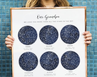 Custom 6 Sky Maps Print, Personalized Star Map, Zodiac Constellation Poster, Gift for Mom Dad Grandparent, 6 Children Family, Wrapped Canvas