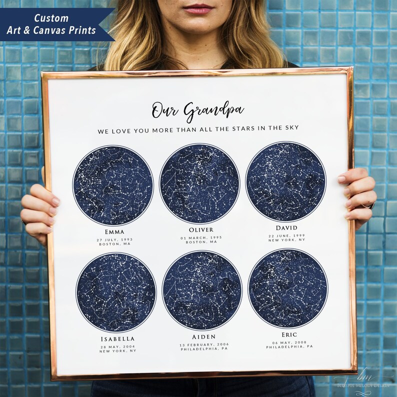 Custom 6 Sky Maps Print, Personalized Star Map, Zodiac Constellation Poster, Gift for Mom Dad Grandparent, 6 Children Family, Wrapped Canvas image 1