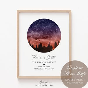 May include: Framed custom star map print featuring a watercolor night sky in shades of purple, orange, and blue. The print includes the names "Theresa & Justin", date, and location: Great Smoky Mountains. The text "Custom Star Map" is also visible.