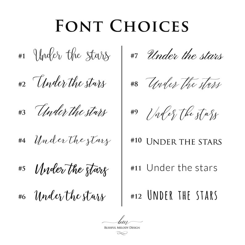 May include: A graphic showing 12 different font styles for the phrase "Under the stars". The fonts range from script to sans serif.