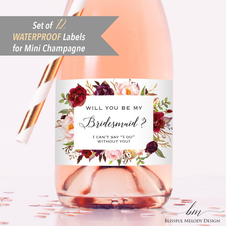 Will You Be My Bridesmaid Set of 12 Printed Waterproof MINI Champagne Bottle Labels, Burgundy Pink Floral Proposal Sticker01 image 1