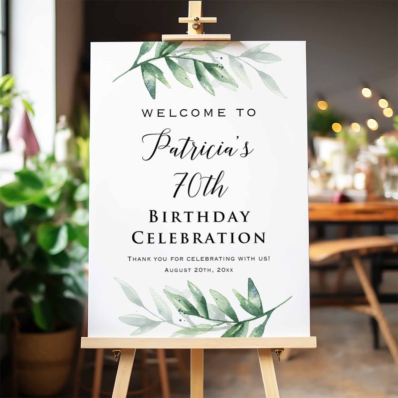 Printed Greenery Birthday Welcome Sign, Personalized Green Birthday Party Celebration Sign, Customized Poster Board Canvas Bild 3