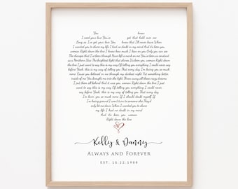 Custom Heart Song Lyrics Wall Art, Personalized Wedding Song First Dance Wedding Vows Print, Anniversary Gift for Husband Wife Him Her