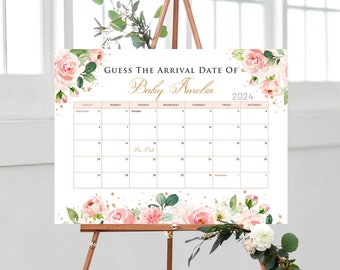 Guess the Arrival Date Baby Shower Game Sign, Custom Pink Gold Floral Due Day Calendar Sign, Printed Personalized Poster Foam Board Canvas