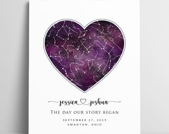 Custom Purple Heart Star Map Print, Personalized Night Sky Constellation, Wedding Anniversary Birthday Newborn Valentine's day Gift