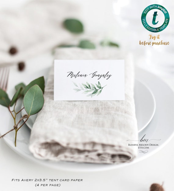 Printable Watercolor Greenery Leaf Tent Place Card, Editable Template, Minimalist Wedding Card Fit Avery Paper, Edit at Templett#26 Il_570xn
