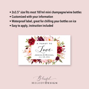 8 Printed Custom Burgundy Pink Floral Mini Champagne Wine Bottle Labels Waterproof Sticker, Wedding Bridal Baby Shower Birthday Anniversary immagine 7
