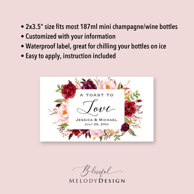 8 Printed Custom Burgundy Pink Floral Mini Champagne Wine Bottle Labels Waterproof Sticker, Wedding Bridal Baby Shower Birthday Anniversary immagine 7