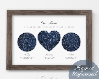 Custom 3 Sky Maps Print, Personalized Family Constellation Star Map, 2 Circle 1 Heart, Mother's Father's Day Gift, Wall Art Prints