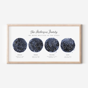 May include: A framed family constellation art print. The print features four dark blue watercolor circles with white star patterns. The text reads "The Anderson Family, We Were Written in the Stars" with names, dates, and locations below each circle.