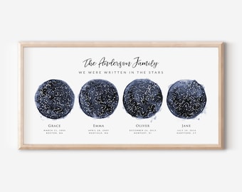 Custom 4 Star Maps Print, Personalized Navy Watercolor Night Sky Constellation Poster, Family Gift for Mom Dad Grandparents