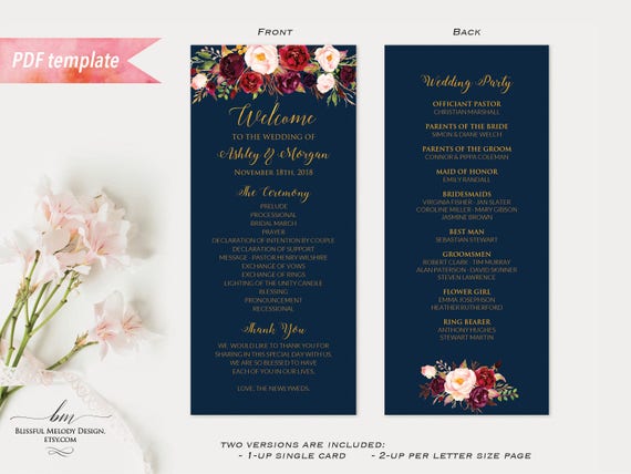 Printable Burgundy Floral Navy Blue Gold Double Sided Long Etsy