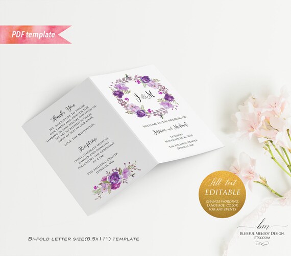 Printable Purple Lavender Floral Wedding Program Booklet, Editable Bi-fold US Letter size Ceremony Program Template, DIY Instant Download#07 Il_570xn